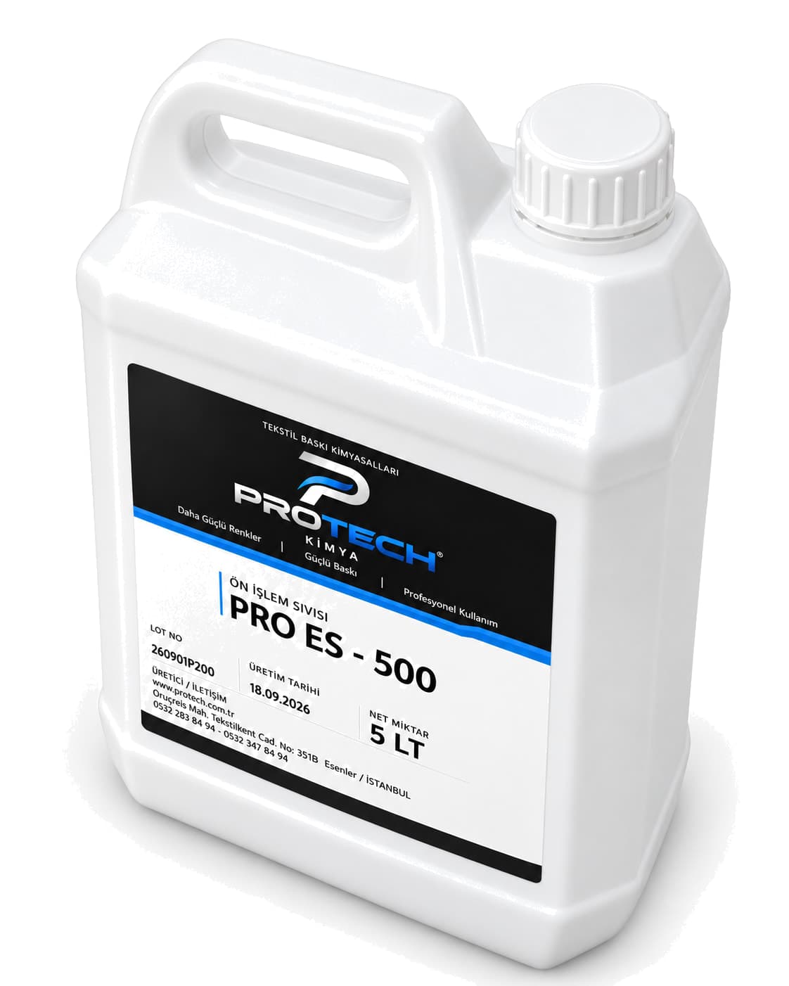 PRO ES-500 bidonunun üstten açılı görünümü; kulp, kapak ve etiket, beyaz fonda